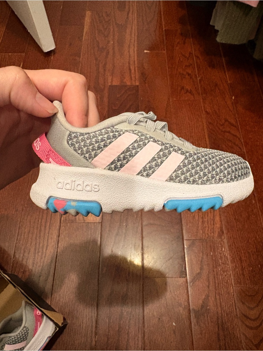 adidas Toddler Grey Sneakers with Pink Stripes - Picture 3 of 6